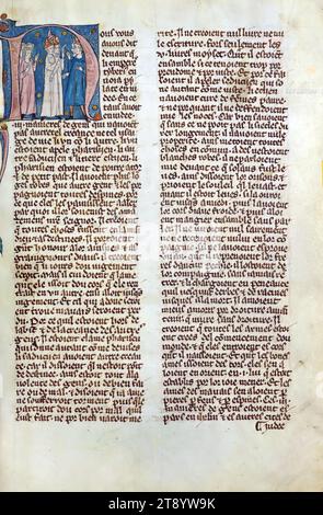 William of Tyre's Histoire d'Outre Mer, Initial 'N' with the Pharisees and Sadducees debating, This manuscript, completed in the later part of the thirteenth century, contains William of Tyre's Estoire d'Eracles (to 1229), Les Faits des Romains (continuation, Tiberius to Julian), and a letter of Prester John. While the origin of the manuscript is debatable between Acre and Paris, Jaroslav Folda suggests a strong connection with Epinal 45, a manuscript known to have been created in Paris during this same time Stock Photo