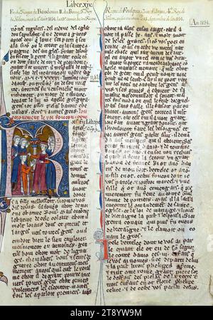 William of Tyre's Histoire d'Outre Mer, Initial 'R' with the coronation of King Fulk, This manuscript, completed in the later part of the thirteenth century, contains William of Tyre's Estoire d'Eracles (to 1229), Les Faits des Romains (continuation, Tiberius to Julian), and a letter of Prester John. While the origin of the manuscript is debatable between Acre and Paris, Jaroslav Folda suggests a strong connection with Epinal 45, a manuscript known to have been created in Paris during this same time Stock Photo