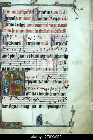 Beaupre Antiphonary, Vol. 1, Initial 'S' with St. Stephen revered by knight and kinswoman(?) in Cistercian habit, Illuminated in Hainaut ca. 1280 and completed in 1290, this collection of richly illuminated Cistercian manuscripts is a rare example of those being produced in Flanders at the end of the thirteenth century. Eighteen extant large historiated initials, flourished and decorated initials, and an abundance of amusing drolleries facilitate a liturgical narrative within the text Stock Photo