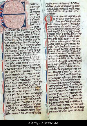 William of Tyre's Histoire d'Outre Mer, Initial 'N' with two laymen crowning King Baldwin, This manuscript, completed in the later part of the thirteenth century, contains William of Tyre's Estoire d'Eracles (to 1229), Les Faits des Romains (continuation, Tiberius to Julian), and a letter of Prester John. While the origin of the manuscript is debatable between Acre and Paris, Jaroslav Folda suggests a strong connection with Epinal 45, a manuscript known to have been created in Paris during this same time Stock Photo