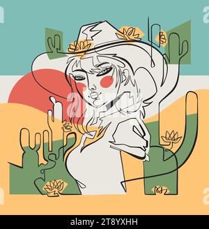 Cowgirl with Cacti and Flowers in Desert Scene. One Line Art. Stock Vector