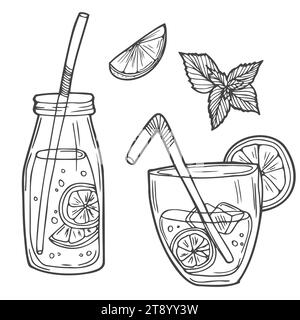 Hand-drawn lemonade vector Sketch Illustration. Glass of mojito with straws, ice, lime and mint. Cartoon black and white outline. Doodle art style. Stock Vector