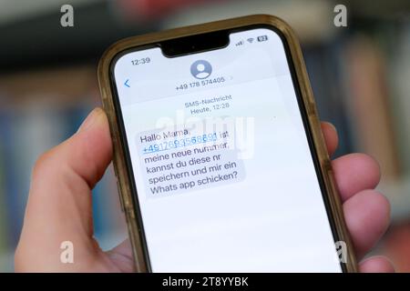 Hand holds a mobile phone with a WhatsApp message, which is the beginning of a messenger scam case Stock Photo