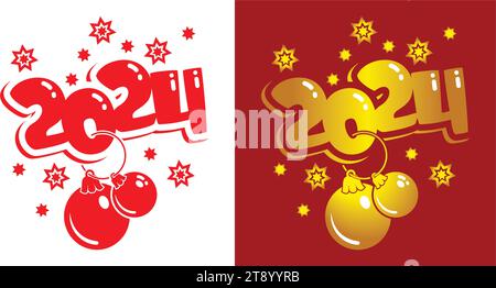 Christmas balls, stars, snowflakes on transparent and dark background. Vector temlate for congratulations Happy New Year 2024 Stock Vector