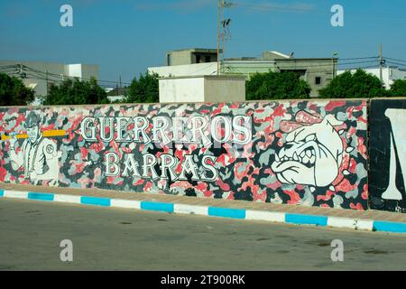 6.11.23 El Jem, Tunisia: Street art  Political Graffiti on walls in City of El Jem Tunisia. Stock Photo