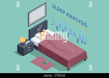 Isometric woman relies on gadgets during sleep. An app on a fitness tracker analyzes her heart while she sleeps a smartwatch monitors her sleep Stock Vector