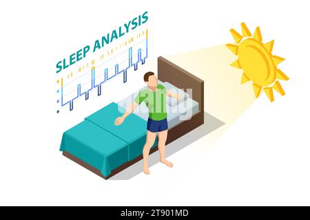 Isometric man relies on gadgets during sleep. An app on a fitness tracker. The tracker monitors both heart rate and sleep quality for diagnostics. Stock Vector