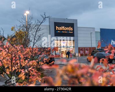 Bristol , UK - October 24, 2023: Halfords Group plc store in Cribbs Causeway in autumn,fall , UK retailer of car parts, car enhancement, camping Stock Photo