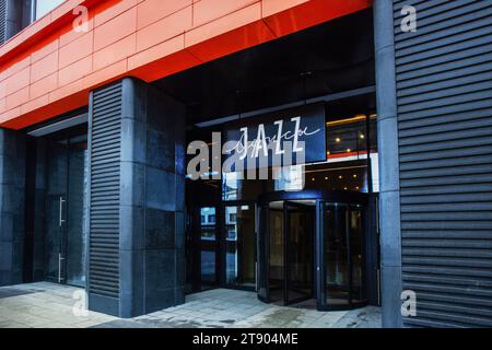 11-13-2023  Moscow Russia.  Entrance in New office building after reconctruction in Moscow (named 'Jazz').  Sadovoe koltso (Garden Ring) -ring auto ro Stock Photo