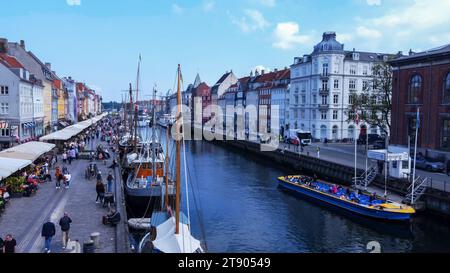 Amazing view on famous NYhavn on Copenhagen , people walking. At right ...