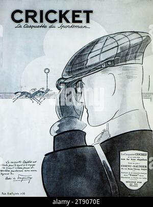1920s French ad for Cricket sports caps, depicting a profile view of a sportsman wearing the cap Stock Photo