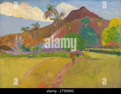 Tahitian Landscape, 1891, Paul Gauguin, French, 1848 - 1903, 26 3/4 x 36 3/8 in. (67.95 x 92.39 cm) (canvas)37 1/8 x 47 x 3 3/4 in. (94.3 x 119.38 x 9.53 cm) (outer frame), Oil on canvas, France, 19th century, Paul Gauguin went to Tahiti in 1891 in search of new, exotic motifs, but also to escape European civilization, which he felt was artificial and spiritually bankrupt. This picture, one of the first he painted in the South Seas, exhibits the artist's characteristic post-Impressionist style. In it, Gauguin used sinuous contours and intense colors to express the joy and serenity Stock Photo