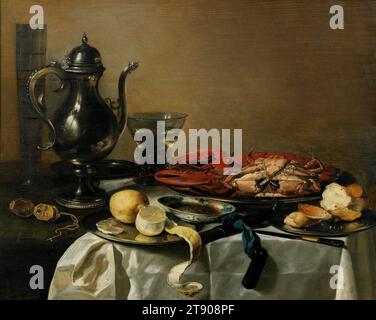 Still Life, 1643, Pieter Claesz., Dutch, 1597–1661, 27 1/8 x 34 3/4 x 1 1/4 in. (68.9 x 88.27 x 3.18 cm) (panel), Oil on panel, Netherlands, 17th century, Claesz was one of the most important Dutch still-life painters of the 1600s, depicting objects with an extraordinary sense of naturalism. Everything on the table, from the fluted glass and goblet to the lobster and crab, is indeed life-like. You can almost smell the lemons. The Dutch proudly displayed such expensive status symbols in their homes, the exotic food and material possessions reminding them of the good things in life Stock Photo