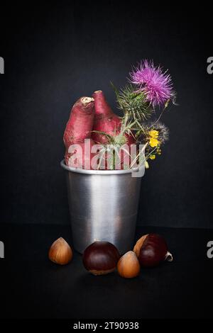 Sweet potatoes with chestnuts and hazelnuts and flowers in metal pot Stock Photo
