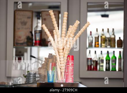 waffle cups for ice cream in a cafe Stock Photo
