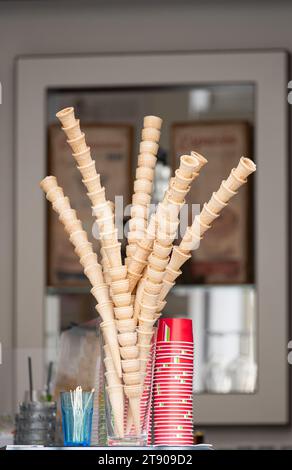 waffle cups for ice cream in a cafe Stock Photo