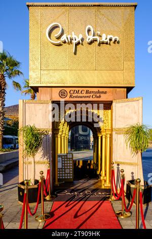 Entrance of Carpe Diem Lounge Club, CDLC, restaurant at Passeig Maritím de la Barceloneta beach, Barcelona, Catalonia, Spain Stock Photo