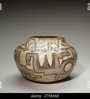 Olla, c. 1880-1895, 8 1/4 x 12 in. (20.96 x 30.48 cm), Ceramic, pigment, United States, 19th century, In the early 19th century, the A'shiwi (Zuni) were among the first Pueblo communities to integrate the black-on-white style of the Ancient Puebloan potsherds into their contemporary wares. The black-on-white style refers to the black designs painted onto the white body of the vessel. The design on this pot first appeared on A'shiwi water jars or ollas in the early 19th century and became popular in the 1870s. Each bend, curve and stroke was carefully copied onto hundreds of A'shiwi pots. Stock Photo