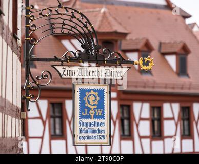 Detail of Zum Albrecht Durer Restaurant Sign from the Aussicht vom Olberg Viewpoint, Tiergartnertorplatz, Old Town, Nuremberg, Germany Stock Photo