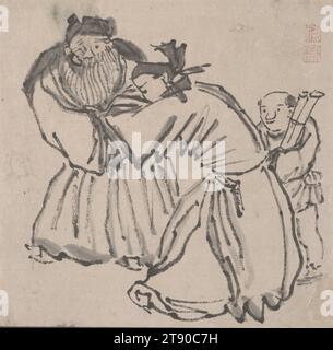 Scholars Meet to Look at Paintings, late 18th - early 19th century, Ki Baitei, Japanese, 1734 - 1810, 6 15/16 × 6 15/16 in. (17.62 × 17.62 cm), Ink on paper, Japan, 18th-19th century Stock Photo