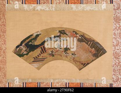 Scene from the 'Butterflies' Chapter of the Tale of Genji, late 16th century, Unknown Japanese, 10 3/8 × 21 1/2 in. (26.35 × 54.61 cm) (image)50 × 29 1/2 in. (127 × 74.93 cm) (mount), Ink, color, and gold on paper, Japan, 16th century, This folding fan, which was converted to a scroll format by a previous owner, illustrates an episode from chapter 24 of The Tale of Genji, titled 'Butterflies,' in which Genji organizes springtime festivities at his own mansion in the garden of Murasaki, his favorite consort. On the first day of the party, boats decorated with phoenix and dragon mastheads Stock Photo