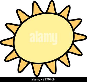 Stylized image of the sun with rays in a circle. Concept to illustrate meteorological conditions. Isolate. EPS. Vector for pointer, sticker, icon or web, banner, poster or tag and other different uses Stock Vector