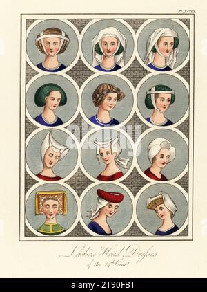 Ladies head dresses of the 14th century. Varieties of women's hairstyles, wimples, headdresses, hair nets, etc. Handcoloured engraving by Joseph Strutt from his Complete View of the Dress and Habits of the People of England, Henry Bohn, London, 1842. Stock Photo