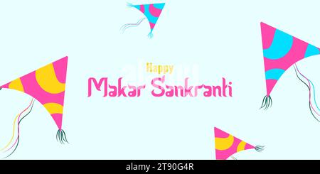 Makara Sankranti sunny holiday of India. Colored kite in the sky. Concept holiday. Poster, leaflet, website design Vector illustration. Stock Vector