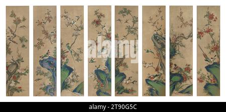 Birds and Flowers, first half 19th century, Unknown Korean, 59 × 120 1/2 in. (149.86 × 306.07 cm) (image)77 1/2 × 143 1/8 × 3/8 in. (196.85 × 363.54 × 0.95 cm) (including mount)59 × 15 1/16 in. (149.86 × 38.26 cm) (panel, each image ), Ink and color on silk, Korea, 19th century, An incredible variety of birds—ducks, pheasants, parrots, and others—pose and cavort among an equally diverse array of flowers, including lilies, peonies, chrysanthemums, and white and pink plum blossoms. Specific combinations of birds and flowers are almost always symbolic and auspicious. Stock Photo