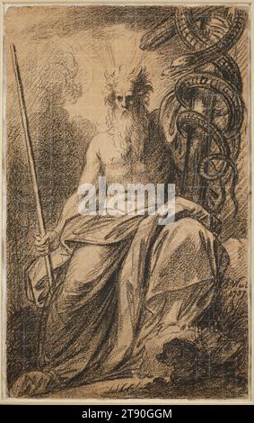 Moses and the Brazen Serpent, 1787, Benjamin West, American, (active Britain), 1738 - 1820, 21 1/16 × 12 15/16 in. (53.5 × 32.86 cm) (sheet)29 1/4 × 22 15/16 × 1 3/4 in. (74.3 × 58.26 × 4.45 cm) (outer frame), Black chalk, squared in white chalk, on buff-colored paper, England, 18th century, The story of Moses and the Brazen Serpent comes from the Bible (Numbers 21). God had sent the Israelites to wander in the wilderness as punishment for their sins. Forgetting that this exile had arisen from their own failings, they began to blame Moses for their misery. Stock Photo