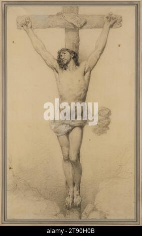 Crucifixion, mid 19th century, Louis Gallait, Belgian, 1810–1887, 22 11/16 × 13 1/2 in. (57.63 × 34.29 cm) (sight)32 1/8 × 22 15/16 × 1 13/16 in. (81.6 × 58.26 × 4.6 cm) (outer frame), Black and white chalk on paper, Belgium, 19th century, One of the leading painters of the Romantic movement in Brussels, Louis Gallait was celebrated for his large-scale murals and history paintings. An accomplished draftsman, Gallait was a professor at the Academie Royale de Belgique as well as the institution’s director from 1871 to 1880 Stock Photo