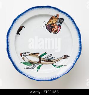 Cake plate with fish, butterfly, and bug, 1866-1867, Félix Bracquemond; Manufacturer: Lebeuf, Milliet & Co., Creil; Retailer: Francois-Eugene Rousseau, French, 1833–1914, 3 × 8 3/4 in. (7.62 × 22.23 cm), Lead-glazed earthenware, transfer printing, France, 19th century, This platter and three footed plates come from a large table service commissioned by the French dealer and publisher Eugène Rousseau (1827-1890) and designed by the painter and print maker Felix Bracquemond. First exhibited in Paris at the Universal Exhibition in 1867 Stock Photo