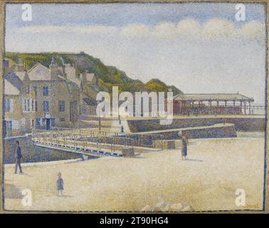 Port-en-Bessin, 1888, Georges Seurat, French, 1859 - 1891, 26 x 32 3/4in. (66 x 83.2cm)33 7/8 x 40 5/8 x 3 1/8 in. (86.04 x 103.19 x 7.94 cm) (outer frame), Oil on canvas, France, 19th century, In the summer of 1888, Georges Seurat worked in Port-en-Bessin, a small fishing village in Normandy. He painted six views of the seaport and its surrounding countryside. His intention was 'to translate as exactly as possible the luminosity of the open air, with all its nuances.' Although Seurat shared the Impressionists' goal of translating nature's light and color, he also wished to make Impressionism Stock Photo