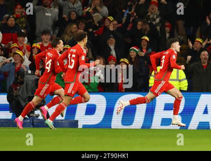 Cardiff, UK. 21st Nov, 2023. Neco Williams of Wales (r) celebrates scoring the first goal during the UEFA European Championship Qualifying match at the Cardiff City Stadium, Cardiff. Picture credit should read: Darren Staples/Sportimage Credit: Sportimage Ltd/Alamy Live News Stock Photo