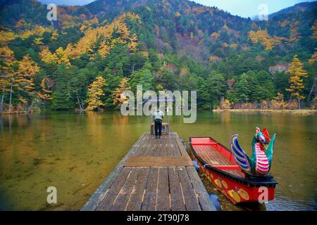 Idyllic landscape of Myojin pond at Hotaka Rear shrine in Kamikochi, Nagano, Japan (Japanese language meaning 'Myojin Pond') Stock Photo