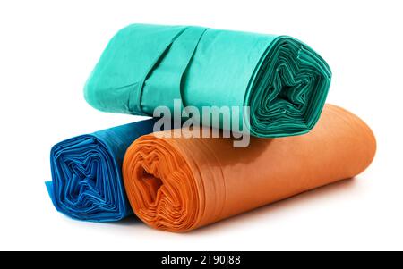Rolls  of disposable trash bags isolated on white background Stock Photo