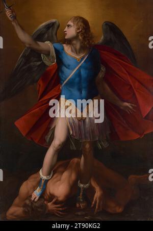 The Archangel Michael, ca. 1624-1626, Cavaliere d'Arpino, Italian (Rome), Italian (Rome), 1568 - 1640, 96 1/4 × 66 7/8 in. (244.48 × 169.86 cm) (sight, approx.)110 1/4 × 78 3/4 in. (280.04 × 200.03 cm) (outer frame, approx.), Oil on canvas, Italy, 17th century, By the time Urban VIII (Maffeo Barberini) was elected to the papacy in 1623, the establishment painter Cavaliere d’Arpino had worked for a succession of popes for over four decades. He had moved to Rome as a young prodigy and begun working in the Vatican palace at the tender age of 15. Even so, the painter was repeatedly passed over Stock Photo