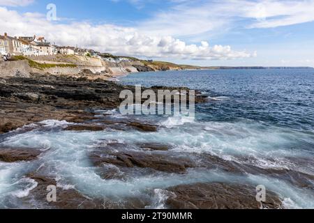 Porthleven fishing port town in Cornwall and rugged rocky beach coastline,England,UK,2023 Stock Photo