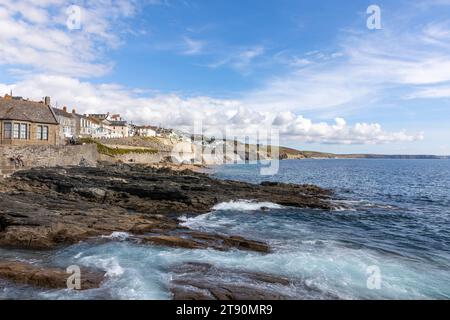 Porthleven fishing port town in Cornwall and rugged rocky beach coastline,England,UK,2023 Stock Photo