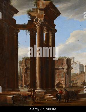 View in the Roman Forum, early 1650s, Viviano Codazzi; Artist: Michelangelo Cerquozzi, Italian (Rome), Italian (Rome), 1603–1670, 50 1/4 x 41 3/8 in. (127.6 x 105.1 cm), Oil on canvas, Italy, 17th century, This realistic landscape is actually an architectural fantasy, or capriccio, created by Viviano Codazzi. It includes real ruins in the background, like the half-buried Arch of Septimius Severus and the Palazzo Senatorio in Rome. But the large ruin dominating the left foreground, with its row of Corinthian columns, is pure fiction. The painting was designed to lend a sense of grandeur Stock Photo