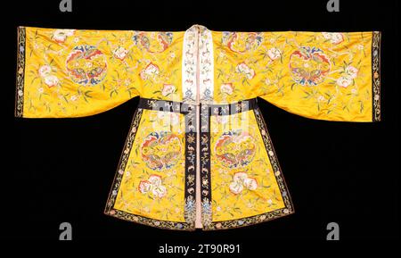 Theatrical Robe for a Taoist Immortal, Kangxi period, 1662-1722, 53 1/4 in. (135.26 cm) (object part, center back collar to hem), satin, China, 17th-18th century, On the occasion of the fiftieth birthday of the Empress Dowager Cixi in 1884, several operas were scheduled during a two-week long celebration at the Palace of Eternal Spring in the Forbidden City. The popular play 'The Imperial Birthday' had many actors playing the roles of Daoist immortals in crowd-pleasing costumes such as this Stock Photo