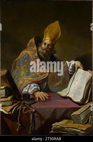 Saint Ambrose, 1623 or 1625, Claude Vignon, French, 1593 - 1670, 73 1/4 x 49 1/2 in. (186.06 x 125.73 cm) (sight)81 1/2 x 59 in. (207.01 x 149.86 cm) (outer frame), Oil on canvas, France, 17th century, Saint Ambrose, who lived in the 4th fourth century, was an important Christian scholar and bishop. Here he is depicted among his books in a forceful pose emphasized by his massive hands. On the table’s edge, a scourge, or whip—the knotted rope attached to a wooden rod—symbolizes Ambrose’s fight against heresy. The three knots refer to the doctrine of the Trinity Stock Photo