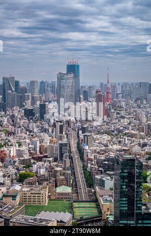 View of Tokyo skyline with Tokyo Tower on a cloudy day Stock Photo