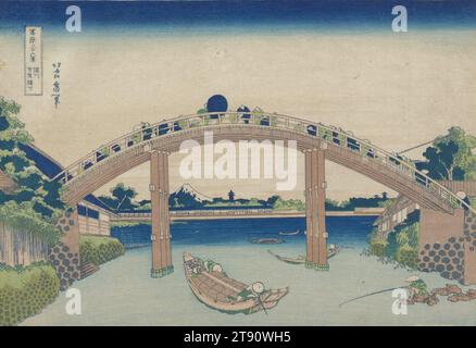 Under Mannen Bridge at Fukagawa, 1830-1833, Katsushika Hokusai; Publisher: Nishimuraya Yohachi, Japanese, 1760 - 1849, 10 5/16 × 14 15/16 in. (26.2 × 38 cm) (image, sheet, horizontal ōban)19 x 23 x 1 1/2 in. (48.26 x 58.42 x 3.81 cm) (outer frame), Woodblock print (nishiki-e); ink and color on paper, Japan, 19th century Stock Photo