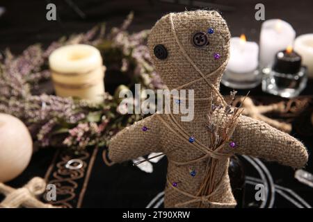 Voodoo doll with pins and dried flowers indoors, closeup Stock Photo