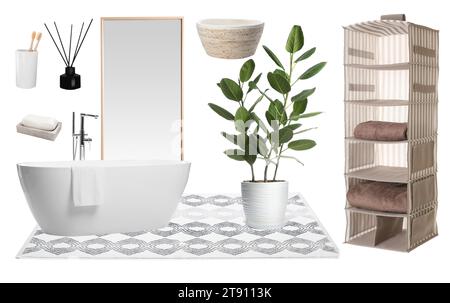 Mood board with bath tub, bathroom supplies and decorative elements on white background Stock Photo