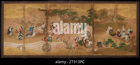 Maple Viewing Party, first half 18th century, Miyagawa Chōshun, Japanese, 1682 - 1752, 43 3/4 x 113 in. (111.13 x 287.02 cm) (image)49 x 118 in. (124.46 x 299.72 cm), Six-panel folding screen; ink and color on gold leaf on paper, Japan, Nikuhitsu ukiyo-e, This colorful screen illustrates a favorite Japanese seasonal pastime, viewing crimson maple leaves in autumn. Within a curtained enclosure, two luxuriously clothed women, surrounded by their attendants, are enjoying music and refreshments laid out on elegant black and red lacquer serving dishes. On the far left, a group of women heat rice Stock Photo