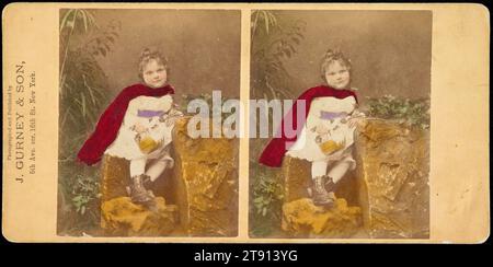 Little Red Riding Hood, 1869-1874, Jeremiah Gurney, American, 1812 - 1895, 3 1/4 x 2 9/16 in. (8.26 x 6.51 cm) (image, each)3 3/8 x 6 7/8 in. (8.57 x 17.46 cm) (mount), Two hand colored albumen prints (stereocard), United States, 19th century Stock Photo