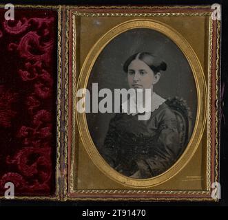 half-length view of a young girl seated in the 'Gurney chair', 1852-1858, Jeremiah Gurney, American, 1812 - 1895, 5 1/2 x 4 1/4 in. (13.97 x 10.8 cm) (image)5 15/16 x 4 11/16 x 7/8 in. (15.08 x 11.91 x 2.22 cm) (mount), Daguerreotype (1/2 plate), United States, 19th century Stock Photo