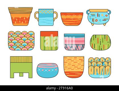 Ceramic vase and pot for flowers set. Hand drawn stylized textured earthenware flower vases in boho style. Various grungy cartoon flowerpot. Isolated trendy linear pottery vector illustration Stock Vector
